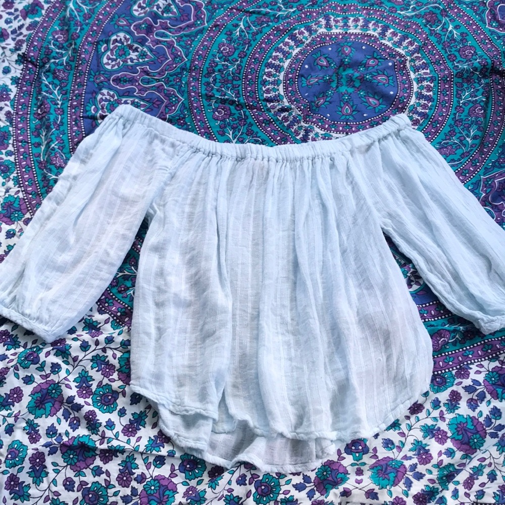 Light blue off the shoulder blouse